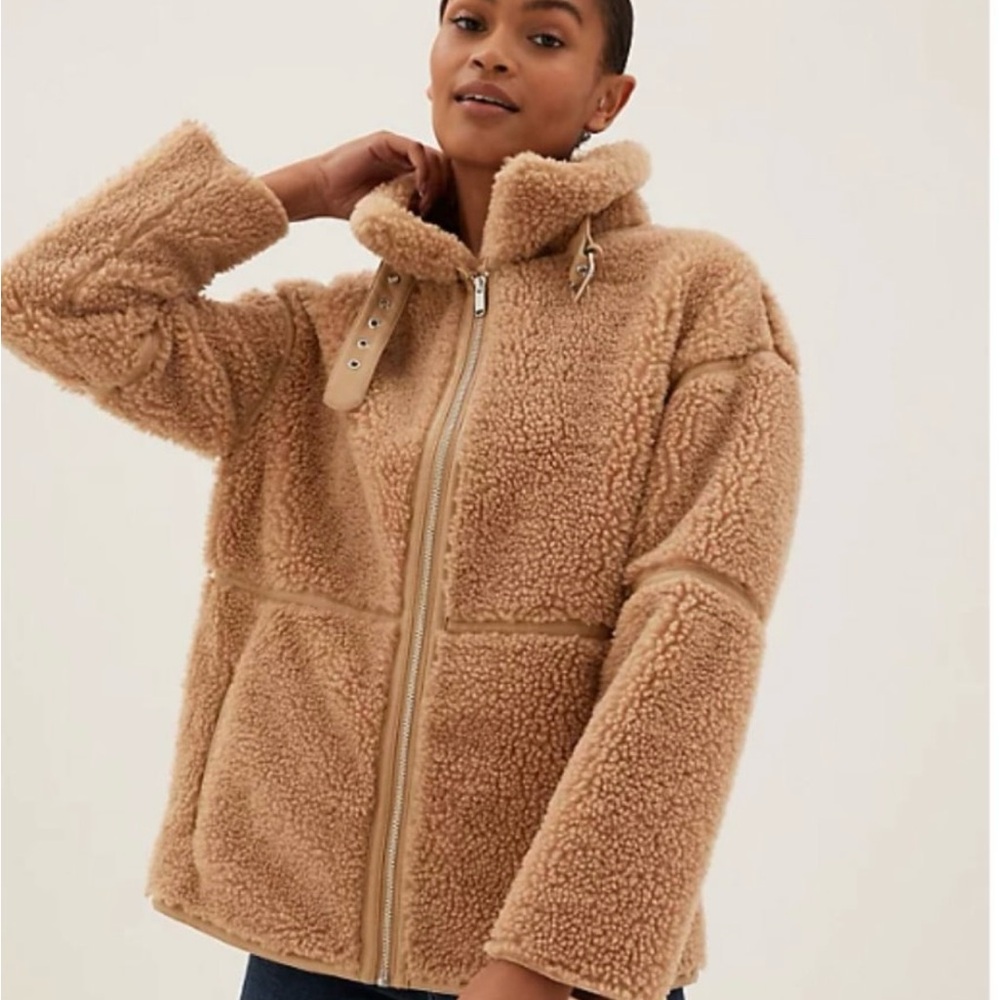 Zara Sherpa Coat Teddy Oversized Cozy Buckle Boucle Tan Women's XXL NWOT